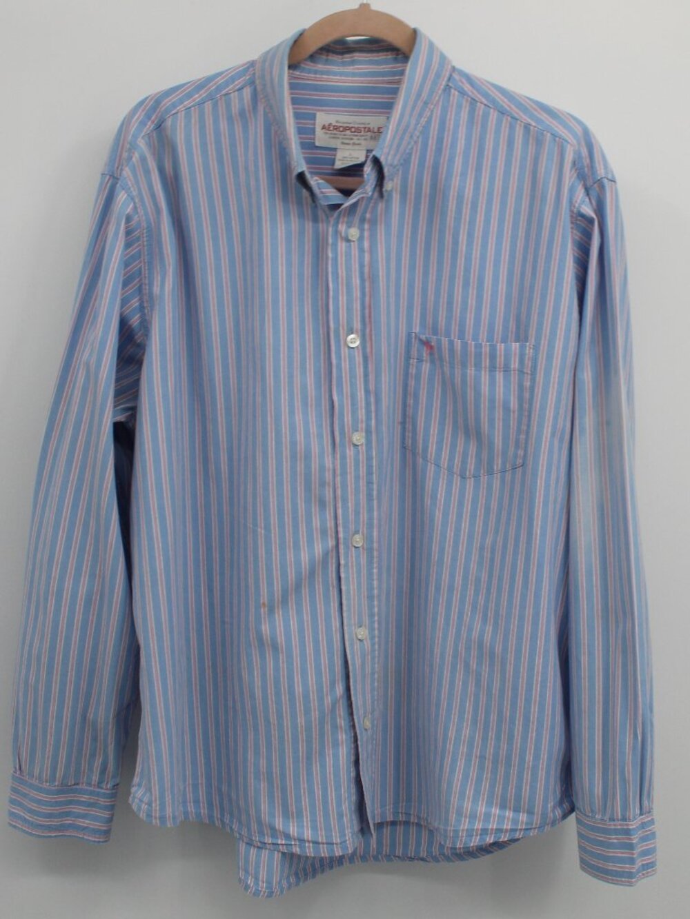 AEROPOSTALE Mens Blue with Pink Pin Strip Button Down Dress Shirt Large
